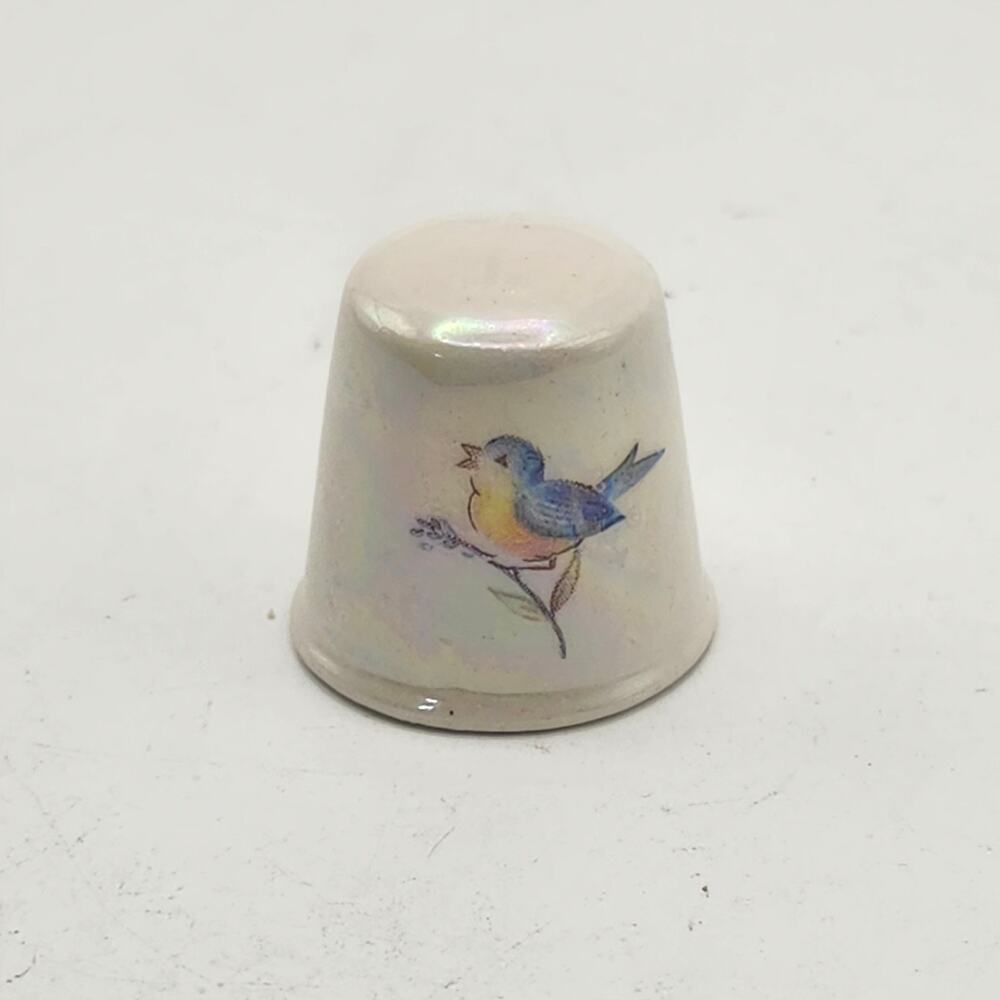 Vintage Porcelain Bird Thimble Iridescent Lusterware Mini Sewing Collectible